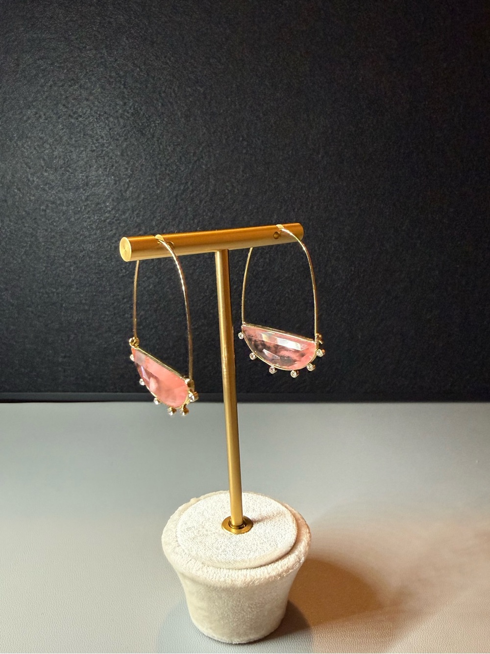 Pink Crystal Half-Moon Statement Hoop Earrings Gold Tone 🗽